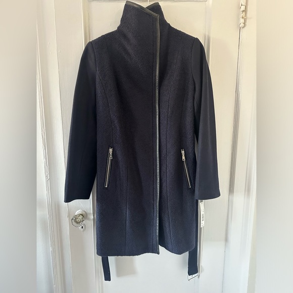 NWT Tahari Elaine Navy Blue Belted Wool Coat with Faux Leather Trim - Picture 3 of 11